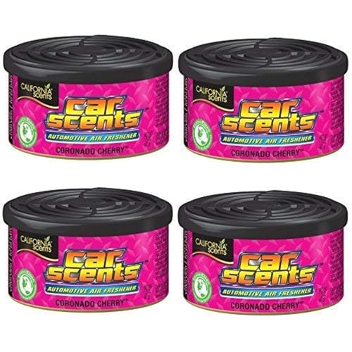 25% DESCUENTO California Scents Ambientador de Coche en Lata 4 Pack Fragancia Duradera de Cereza (hasta 30 Días) Control de Intensidad de Olor para un Ambiente Fresco y Personalizado en tu Coche, 42g