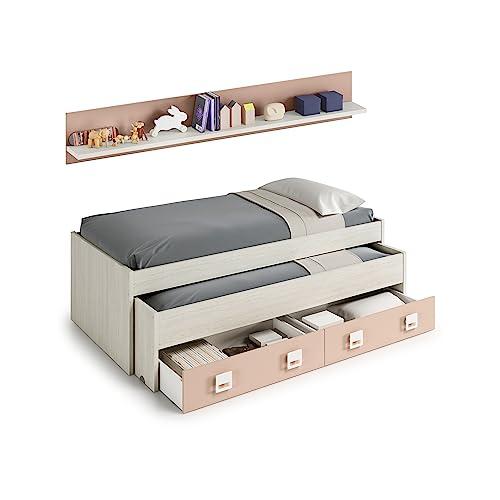 41% DESCUENTO Habitdesign Cama Doble + 2 cajones y Estante, Modelo Nube, Acabado en Blanco Alpes y Rosa Pastel, Medidas: 199 cm (Largo) x 96 cm (Ancho) x 69 cm (Alto)