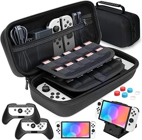 HEYSTOP Funda Para Switch/Switch OLED Accesorios Kit,Universal Estuche Portátil Para Switch/Switch OLED con Grips,PlayStand,Tapa de Agarre Para Pulgar