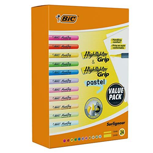 34% DESCUENTO BIC Highlighter Grip Subrayadores de Punta Biselada Regulable Colores en tonos intensos y pastel, Pack de 24
