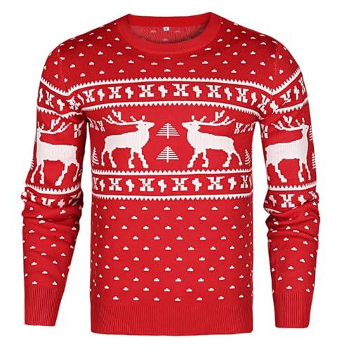 Uniexcosm Suéter Navidad Hombre, Jersey Navideño Punto Alce Copo de Nieve Suéter de Navideño Manga Larga Pullover de Punto con Cuello Redondo Cómodo para Navidad Rojo 1 M