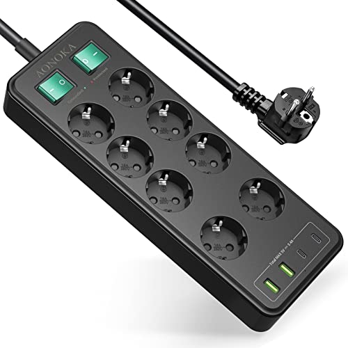 Regletas Enchufes con 2 Interruptores Individuales, 8 Tomas Regleta Enchufes Proteccion Sobretension Alargador Enchufe Multiple 2 USB A en 2 USB A Cargador Rápido Montaje en Pared 1.5m Cable,Negro