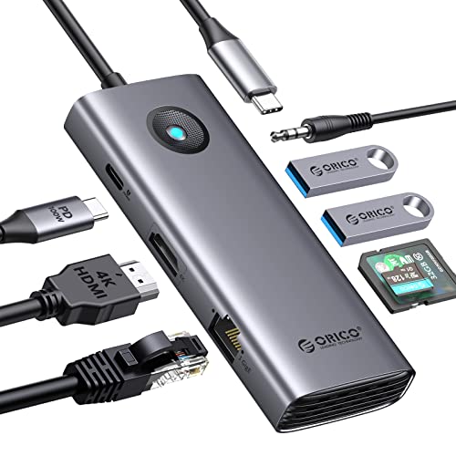 ORICO 8 en 1 USB C Docking Station con 4K HDMI, 100 W Power Delivery, 2 puertos USB 5 Gbps, SD y TF, audio de 3,5 mm, adaptador multipuerto Gigabit Ethernet tipo C para Windows Mac