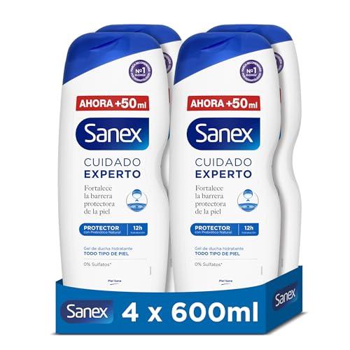 Sanex Cuidado Experto Protector Gel de Ducha, Pack 4 Uds x 600ml, Fórmula con Prebiótico Natural, Fortalece la Barrera Protectora de la Piel, 12H Hidratación, 0% Sulfatos, para Todo Tipo de Piel