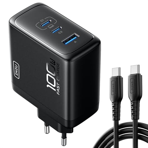 30% DESCUENTO INIU 100W Cargador USB C, GAN Ⅲ 3 Puertos Carga Rapida, PD QC Adaptador, Compacto y Ahorro de Espacio, Compatible con MacBook iPad Pro/Air, iPhone 16, Huawei, Samsung Galaxy S24 Ultra, Steam Deck