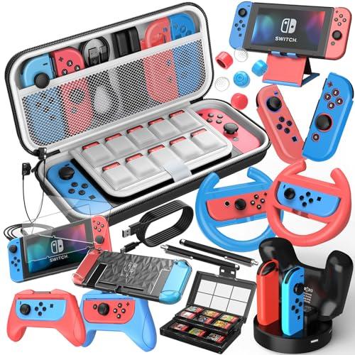 Mooroer Accesorios para Nintendo Switch,27 EN 1 Navidad Funda pour Switch Kits,Nintendo Switch Estuche con Joycon Volante Grip,Joycon Switch Base de Carga,Joycon Carcasa,Soporte para Juegos Rojo&Azul