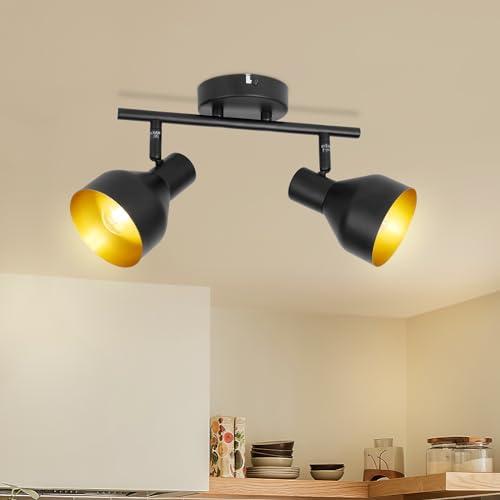 Kambo Negro Lámpara Techo Foco con 2 Focos E14 Focos de Techo Orientables Retro Focos Para el Techo Plafón LED Techo Interior Industrial Apliques Techo Salon Sin Bombilla