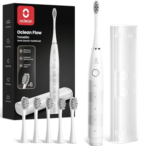Oclean Cepillo electrico sónico Gift Set, Recarga cada 180 días, 5 Modos, IPX7 Impermeable, Temporizador de 2 minutos, 6 Cabezales de Cepillo DuPont™, Estuche de viaje, Blanco