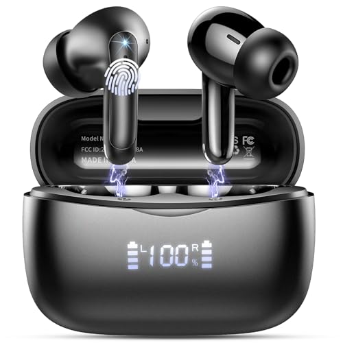 85% DESCUENTO Auriculares Inalámbricos Bluetooth, Auriculares Bluetooth 5.3 con 4 HD Mic, 56H Reproducción HiFi Estéreo Auriculares Inalambricos, 13mm Controlador Dinámico, IP7 Impermeable con Pantalla LED, Negro