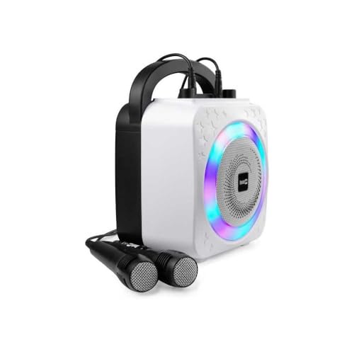 54% DESCUENTO RockJam Máquina de karaoke Bluetooth recargable de 8 vatios con dos micrófonos, efectos de cambio de voz y luces LED, negra