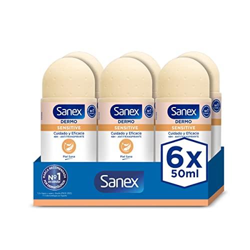 Sanex Dermo Sensitive Desodorante Roll On, 6 Uds x 50ml, Anti transpirante, hasta 48H de Protección contra el Sudor y el Olor, Suave con la Piel Sensible, Restaura el pH Natural de la Piel