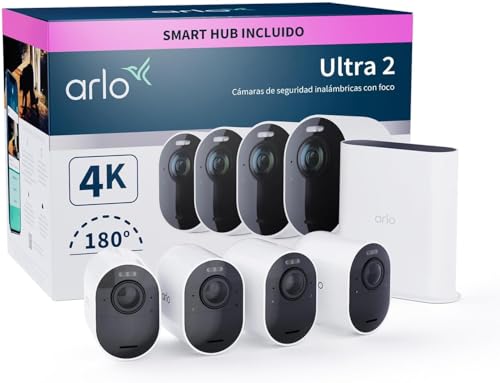 55% DESCUENTO Arlo Ultra 2 Camara de Vigilancia WiFi Exterior 4K, Camara de Vigilancia WiFi Interior, Sensor de Movimiento, Alarmas Para Casa, Visión Nocturna Color, Prueba Arlo Secure Incluida , 4 Cámaras, Blancas