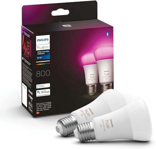 35% DESCUENTO Philips Hue Bombilla LED Inteligente, A60 E27, Luz Blanca y de Colores, 6.5W (Eq. 60W) 800 lúmens, Compatible con Alexa y Google Home Pack de 2 Bombillas LED Inteligentes