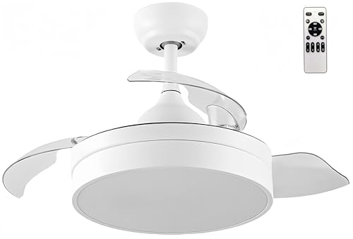 Ventilador con Luz Lámpara LED 72W Ventilador Invisible Ultra Silencioso con Mando a Distancia y Palas Retráctiles Φ52*H40cm Luz Fría/Neutra/Cálida Interiores Plafón lluminación (Blanco)