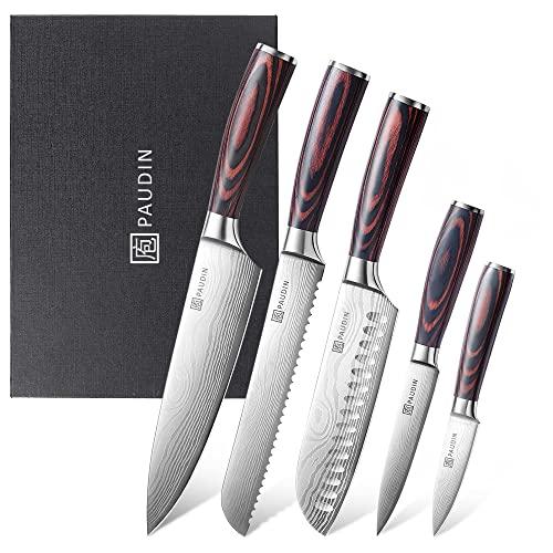41% DESCUENTO PAUDIN Juego de Cuchillos de Cocina Profesional, Set de 5 Cuchillos Japoneses Acero Inoxidable, Cuchillos Chef Santoku Universal para Cortar Carne Verduras Pan Queso