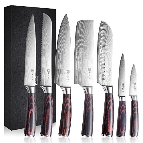 40% DESCUENTO PAUDIN Juego de Cuchillos de Cocina Profesional, Set de 7 Cuchillos Japoneses Acero Inoxidable, Cuchillos Chef Santoku Universal para Cortar Carne Verduras Pan Queso