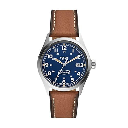 30% DESCUENTO FOSSIL Reloj Defender para hombre, movimiento solar, caja de acero inoxidable plateado de 40 mm con correa de piel ProPlanet, FS5975, plateado/azul