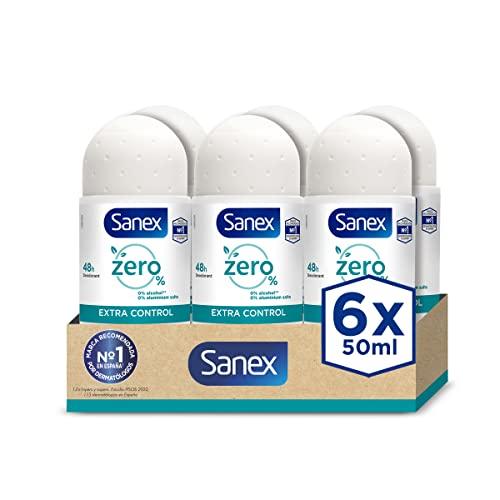 25% DESCUENTO Sanex Zero% Extra Control Desodorante Roll On, 50ml, Protección 48H, 0% Alcohol, 0% Sales de Aluminio, Cuida y Mantiene la Piel Sana, Inhibe la Formación de Olores Corporales PACK DE 6.