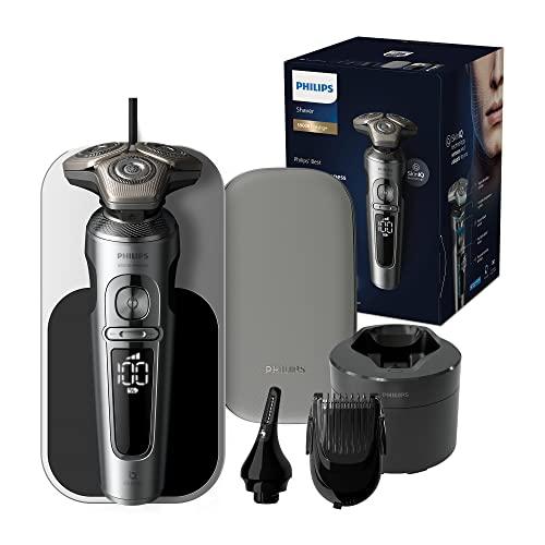 44% DESCUENTO Philips Serie 9000 Prestige Afeitadora Eléctrica Hombre,Máquina de Afeitar Barba con Barbero, 60min de uso, En Seco y Húmedo, Recargable, Centro de Limpieza, Base Carga QI, Naricero, SP9885/35, Cromo