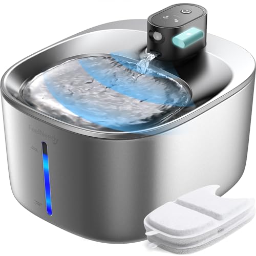 28% DESCUENTO Fuente de Agua para Gatos Inalámbrico con Sensor de Movimiento de Acero Inoxidable con Pilas 4000 mAh FEELNEEDY 4L Bebedero Gatos Automática Sin Cable y Enchufe, con 2 Filtros