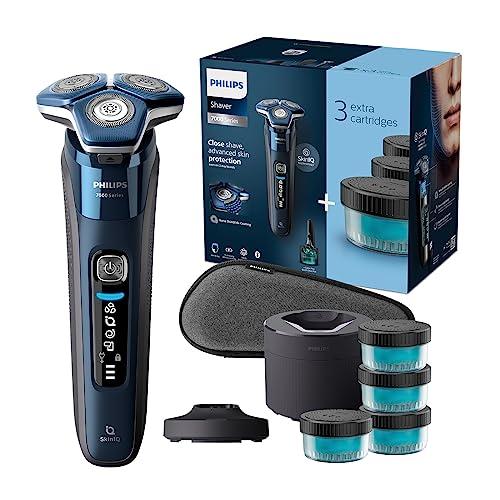 31% DESCUENTO Philips Serie 7000 Afeitadora Eléctrica Hombre, Máquina de Afeitar Barba con Recortadora, 60min de uso, En Seco y Húmedo, Recargable, Centro de Limpieza, Base Carga, 4 Cartuchos, S7885/63, Azul