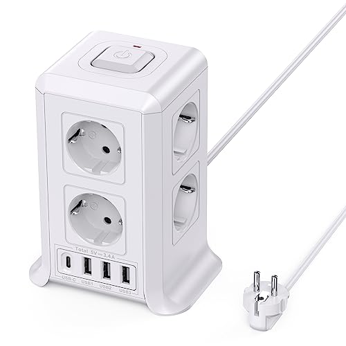 38% DESCUENTO Torre Regletas Enchufes, Regleta USB 8 Tomas de AC y 4 USB Enchufe Multiple, 2500W/10A,Regleta Enchufes Proteccion Sobretension,2M Regreltas Vertical con Interruptor para,Casa, Mesa, Oficia, Blanco