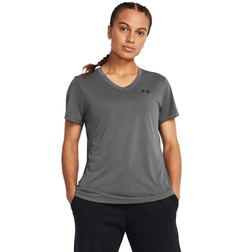 50% DESCUENTO Under Armour Tech SSV Solid Camiseta de manga corta para mujer con cuello de pico, ligera camiseta de deporte, color gris brezo/negro