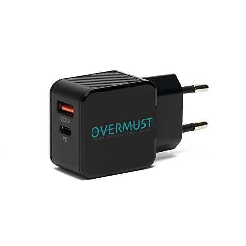 OVERMUST Cargador de Pared 25W | USB C PD y USB A QC 3.0 | Recarga Rápida para iPhone 14, 13, 12 Pro MAX, Samsung, Huawei, iPad, AirPods | Transformador USB, USB C