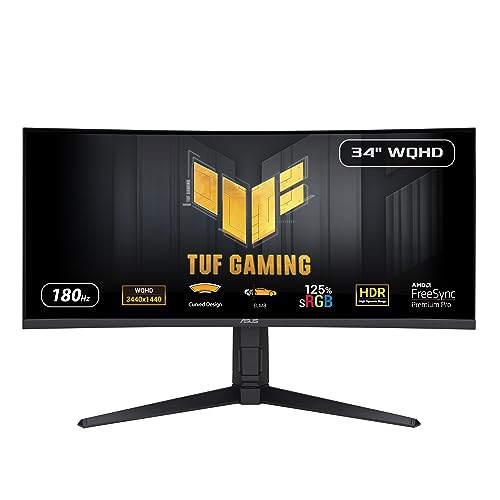 ASUS TUF VG34VQL3A Monitor Gaming curvo 34″ (WQHD, 180Hz, 1500R, Diseño curvo, Extreme Low Motion Blur™, Freesync™ Premium Pro, 1ms (GTG), 125% sRGB, DisplayHDR™ 400 , DisplayWidget Center)