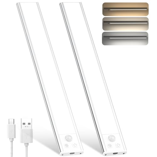 20% DESCUENTO OUILA Luz de Armario con Sensor Movimiento,31CM Recargable Luz Nocturna con temperatura de 3 colores,Regulable Lampara LED Adhesiva para Gabinete, Pasillo, Escalera, Sótano, Cocina, Garaje 2PCS