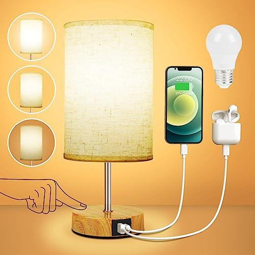 21% DESCUENTO Suright Lámparas de Mesita de Noche Táctil Regulable, Lámpara de Mesa con Puertos de Carga USB A+C, Pantalla de Tela de Lino, Lámpara de Noche Pequeña para Dormitorio Salón (Bombilla Incluida)