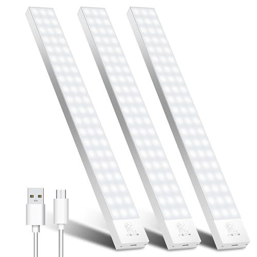 20% DESCUENTO OUILA Luz LED Armario con Sensor Movimiento 5000K 60 LEDs 4 Modos Luz LED Adhesiva Magnética 1500mAh USB Recargable Luz Nocturna para Cocina, Armario, Escaleras, Pasillo, Garaje 3 Packs Blanco Natural