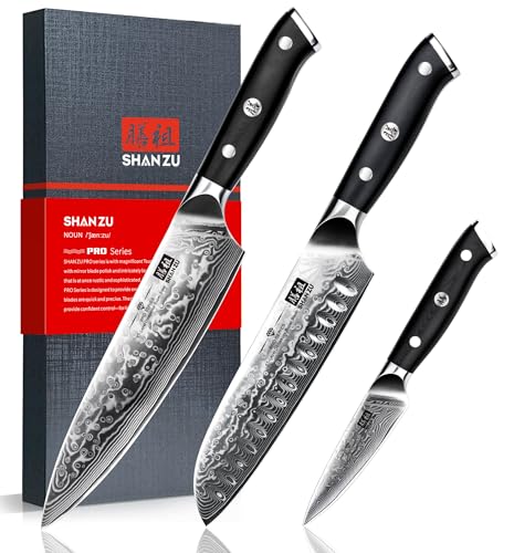 28% DESCUENTO SHAN ZU 3 Piezas Juego de Cuchillo de Cocina Damasco, Set Cuchillo de Cocina Japones de Acero Damasco de 67 Capas, Cuchillo de Chef Cuchillo Santoku Cuchillo Pelador PRO Series