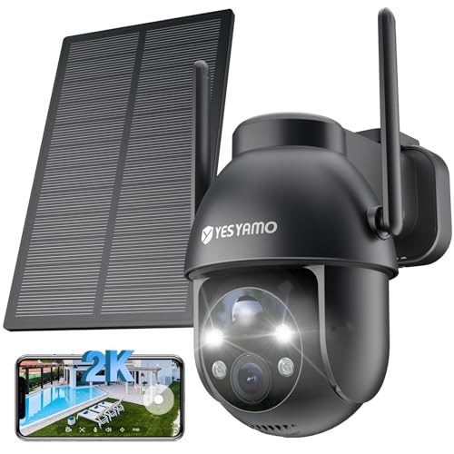 22% DESCUENTO YESYAMO 2K Cámara Vigilancia WiFi Exterior Solar con Batería, Panel Solar, 2.4GHz Wi Fi Cámara Exterior Solar IP66, 360° PTZ, Visión Nocturna Color, Audio Bidireccional, PIR Sirena, Negra