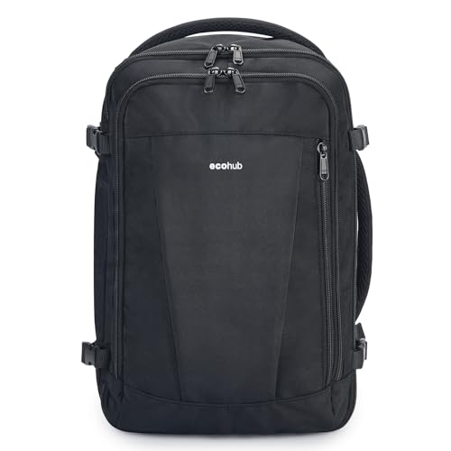 21% DESCUENTO ECOHUB 30L Mochila 45x36x20 Easyjet, Mochila Viaje Cabina Avion con 13 Bolisillos, Debajo del Asiento Mochila Equipaje de Mano, Pet Reciclada Bolsa de Viaje Hombre Mujer, Patentado(Negro)