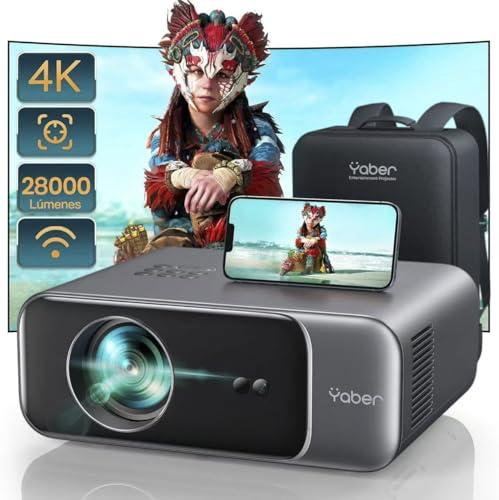 30% DESCUENTO 【Auto Focus/Keystone】 Proyector 4K WiFi 6 Bluetooth, 28000 Lúmenes YABER Proyector Full HD 1080P Nativo Proyector 4K Soporte, Proyector Portátil Cine en Casa/Exterior para Movil/TV Stick/PS5 HDMI USB