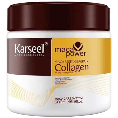 Karseell MACA CARE SYSTEM Collagen Mascarilla Pelo Reparación Profunda Hidratación Intensa Cabello Seco y Dañado Colágeno Aceite de Argán Esencia de Maca Todo tipo de Cabello 500 ml.
