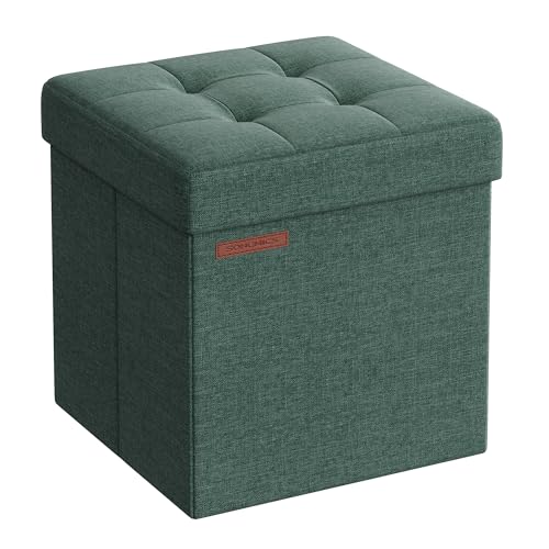 SONGMICS Puff Almacenaje 38 cm, Baúl de Almacenaje, Taburete Reposapiés, Verde Retro LSF27C01