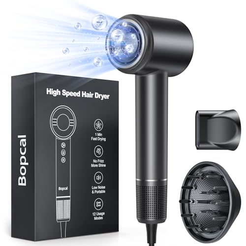 25% DESCUENTO Bopcal Secador Pelo Ionico con Difusor, Secado Rápido 120000 RPM Secador de Alta Velocidad para Secador de Pelo Profesional con 500 Millones de Iones, para Viaje y Casa, Regalo,12 Modi