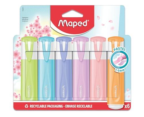 34% DESCUENTO Maped Resaltadores de 6 colores pastel con punta biselada, resaltadores de larga duración para uso escolar y profesional, color naranja, morado, azul, rosa, lila y verde pastel