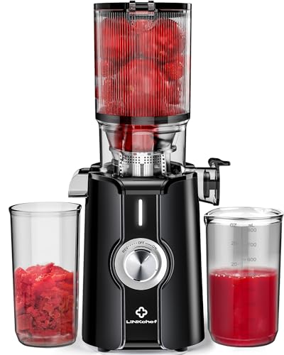 26% DESCUENTO Limpieza Rápida Licuadora Prensado en Frio, Sin Preparación 115mm Slow Juicer, LINKChef Extractor de Jugos Verduras y Frutas Enteras de Prensado en Frio, Fácil de Limpiar, 1.2L, 200w, Ferroso