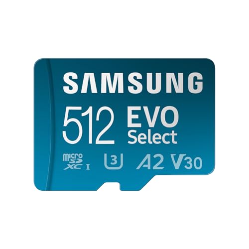 26% DESCUENTO Samsung EVO Select (2024) Tarjeta microSD + Adaptador SD, 512 GB, Tarjeta de Memoria para Smartphone y Tablet, UHS I U3, 4K UHD, Full HD, Lectura 160 MB/s, MB ME512SA/EU