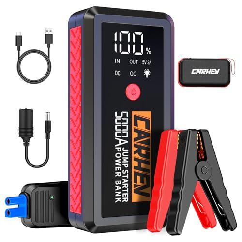 25% DESCUENTO CARHEV Arrancador de Coches, 5000A Arrancador de Baterias de Coches (para 8.0L de Gasolina o 8.0L de Diésel) 12V Booster Jump Starter con Pantalla LCD, Linterna LED, Clips de Seguridad Inteligentes