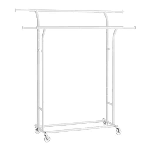 SONGMICS Perchero, Burro Perchero, Colgador para Ropa Bufandas con 4 Ruedas, Altura y Longitud Regulables, Blanco Mate HSR012W01