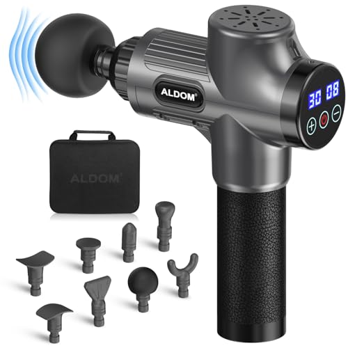 33% DESCUENTO Pistola de Masaje Muscular, ALDOM Massage Gun Masajeadora Músculos Profesional y Carga Tipo C, 30 Niveles Ajustables, Silenciosos, 8 Cabezales Masajeador (Gris Plata)