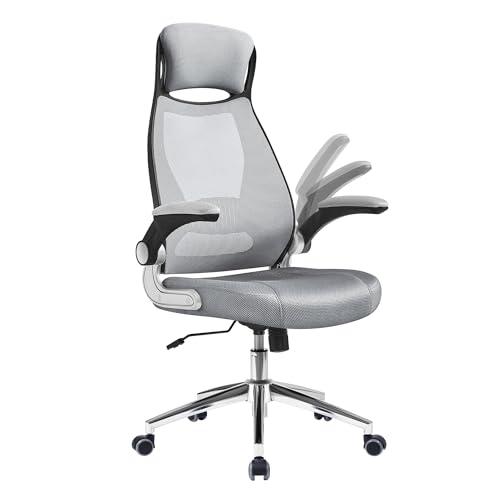 SONGMICS Silla de Oficina, Silla Giratoria, con Apoyabrazos Inclinables, Apoyacabezas y Soporte Lumbar, Mecanismo de Balanceo, Superficie de Malla, Gris Paloma OBN086G01