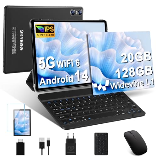 36% DESCUENTO SKYEGG Tablet 10 Pulgadas Android 14 con 20 GB RAM + 128 GB ROM (Ampliable a 1TB), Widevine L1, 5G Wi Fi 6, GPS, 8 Core, 8 MP + 5 MP, USB C Tablet con Teclado + Ratón + Funda, Negro
