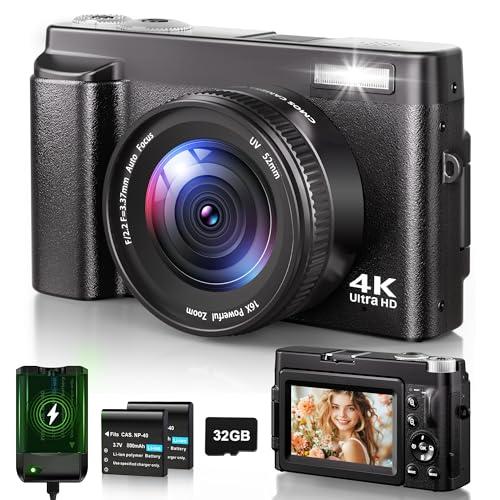 20% DESCUENTO Cámara Digital 4K, Cámara de Fotos con Enfoque Automático de 48MP 16X Zoom, LCD Vlog Compacta Fotográfica HD con Estación de Carga, Baterías 2 * 800 mAh, Tarjeta de 32GB para Principiantes, Niños