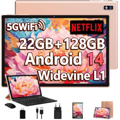 33% DESCUENTO 2025 Newest Tablet 10 Pulgadas Android 14, 22GB RAM+128GB ROM/TF 2TB, Octa Core 2.0GHz, 8000mAh, 5G+2,4G WiFi | Widevine L1| Netflix FHD | GPS | BT5.0 | GMS Tablet con Teclado, Funda y Ratón Oro Rosa