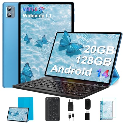 SUAAT Tablet Newest 2025 Tableta 10 Pulgadas Android 14, 20GB RAM+128GB ROM/1TB TF, 8 Core, Widevine L1/WiFi 6/Bluetooth 5.0/6000mAh/GMS Certified/8MP+5MP/Tablet PC con Funda, Teclado y Ratón, Azul